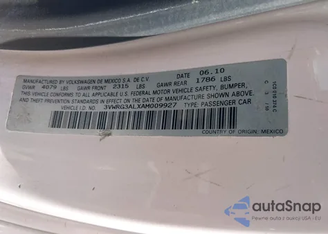 2010 Volkswagen New Beetle 2.5L z USA, uszkodzony, nr VIN 3VWRG3ALXAM009927